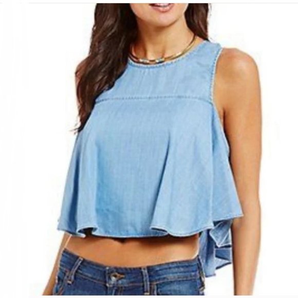 GUESS Blue Cold Shoulder Cropped Top - Picture 1 of 9